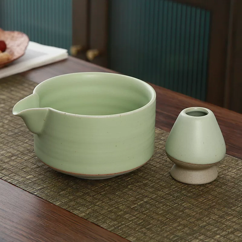 Green Tea Kiln Glazed Pottery Chawan Matcha Tea Whisk and Bowl