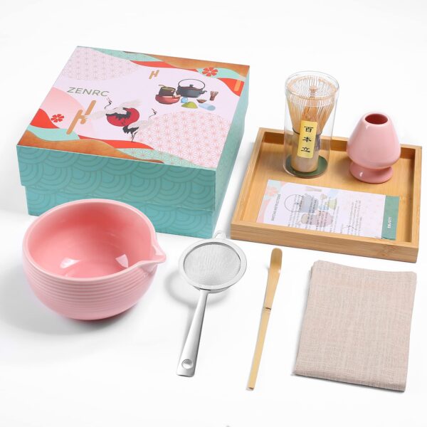 Ceremony Gift Set Bamboo Whisk Ceramic Bowl Pink Matcha Kit 4