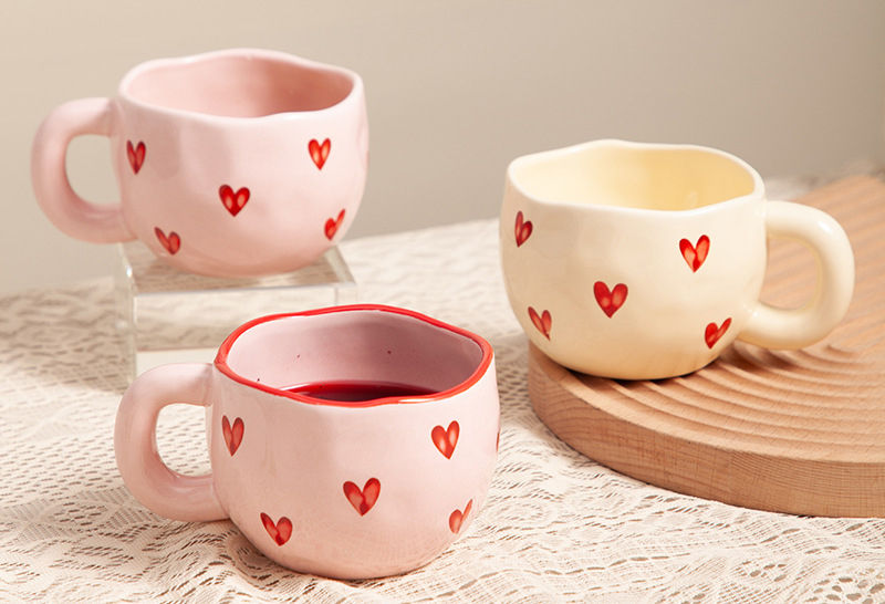 Pink Color Cute Heart Mugs for Coffee and Tea