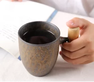 Retro Vintage Pottery Handmade Coffee Mugs with Wood Handle