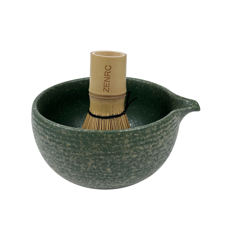 Handmade Vintage Pottery Green Matcha Bowl with Spout