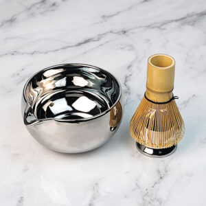 Electroplated Silver Matcha Bowl with Spout & Matching Whisk Holder (1)
